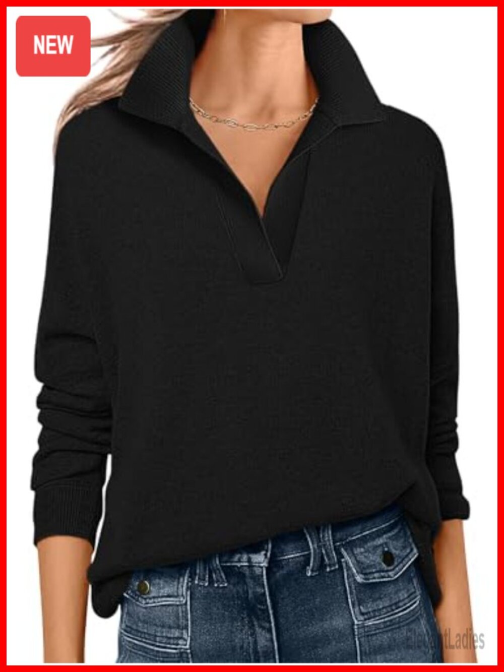 Women's Polo V-Neck Lightweight Fall Sweater Long Sleeve